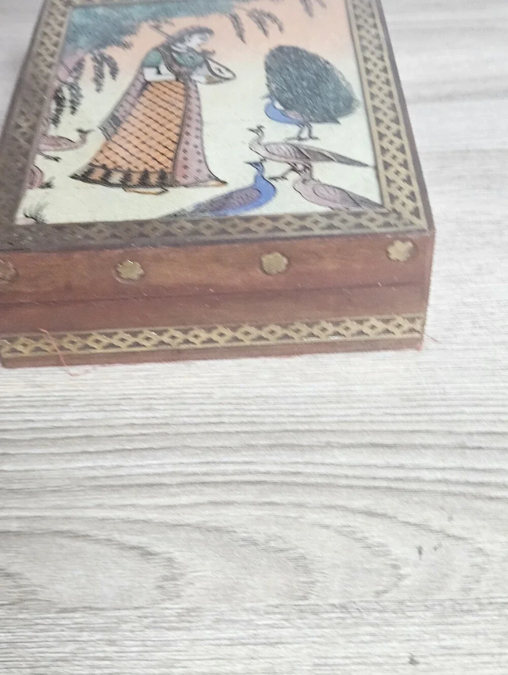 Indian Gemstone Painting Wooden Trinket Jewelry Box Peacock Musician 5x4.5